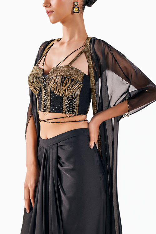 Black Enchanting Draped Skirt with Blouse with Embroidered Corset