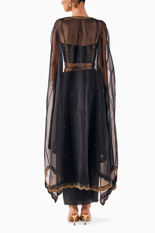 Black Enchanting Draped Skirt with Blouse with Embroidered Corset