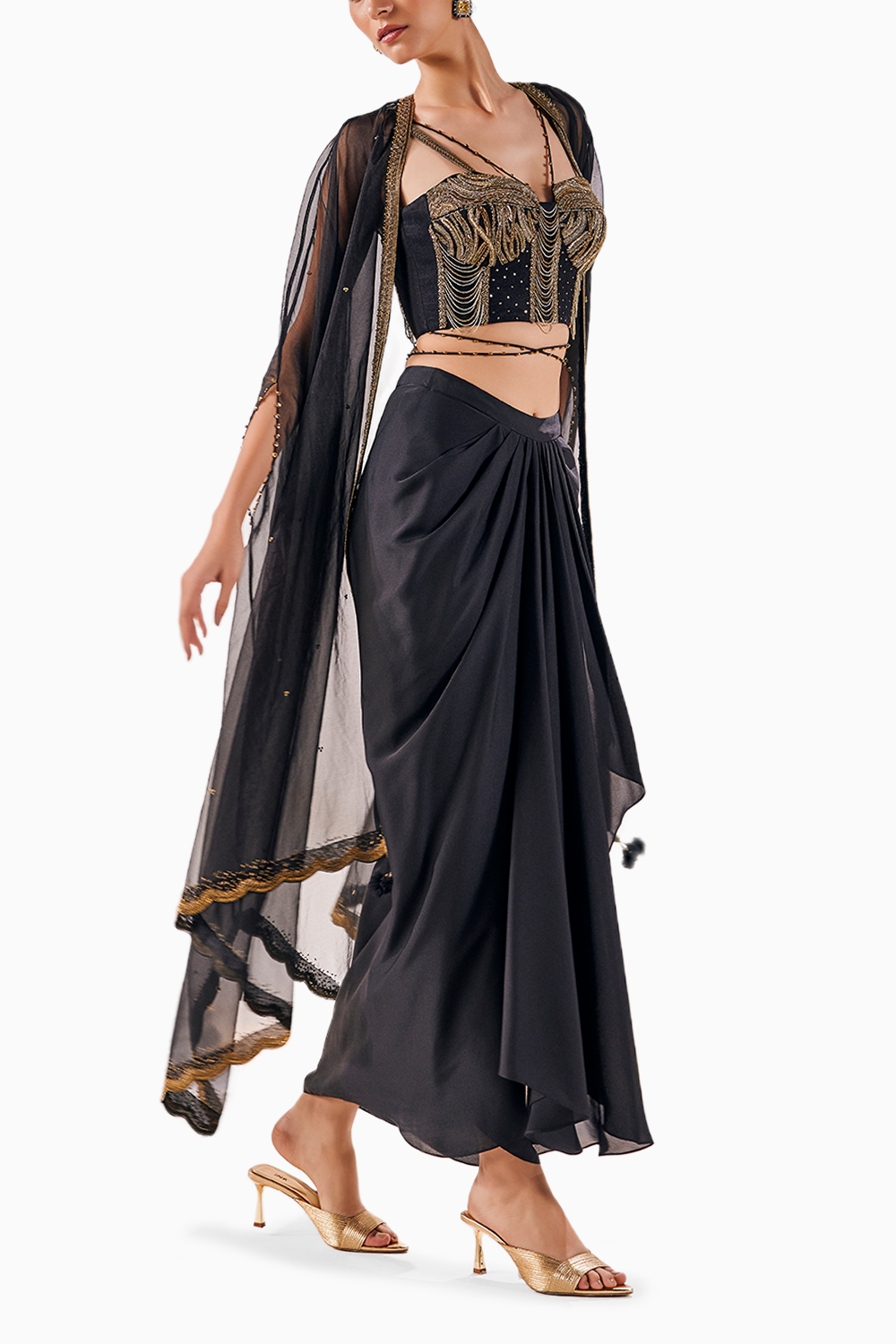 Black Enchanting Draped Skirt with Blouse with Embroidered Corset
