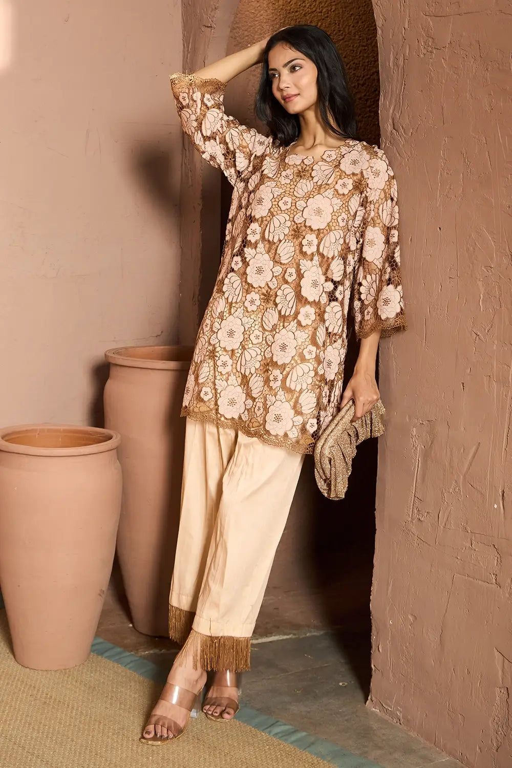 Myra Mesh Daisy Beige & Brown Co-ord Set