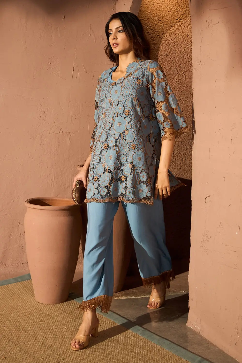 Myra Mesh Daisy Blue & Brown Co-ord Set