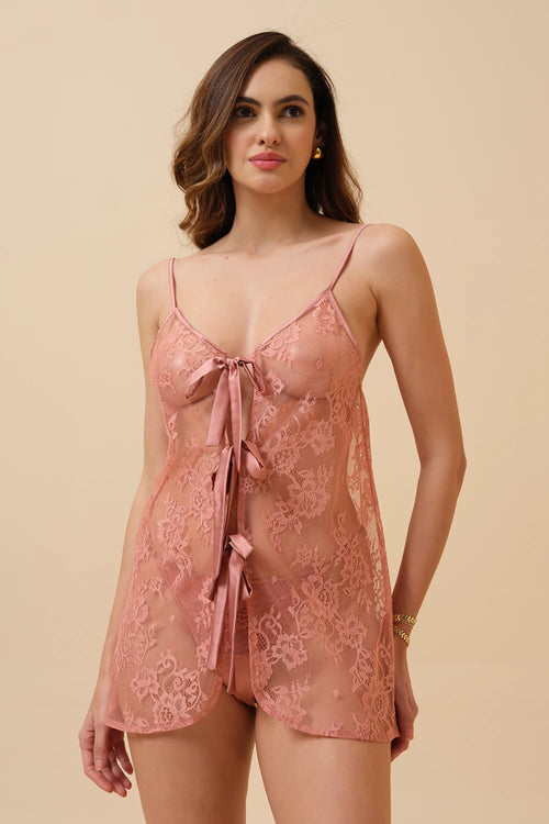 Blush Pink Tie-Me Babydoll Dress with Thong