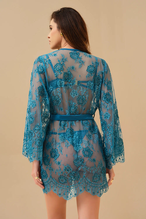 Mysthelle Teal Primrose Hand Embroidered Lace Robe