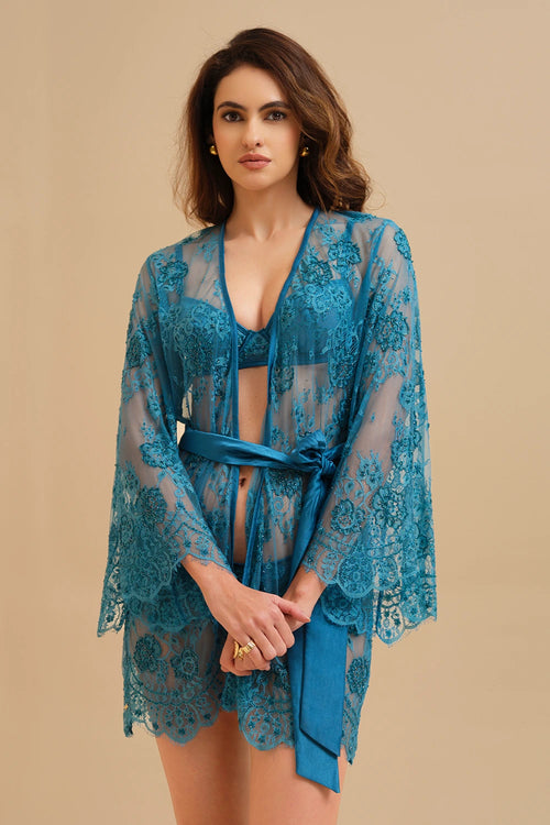 Mysthelle Teal Primrose Hand Embroidered Lace Robe