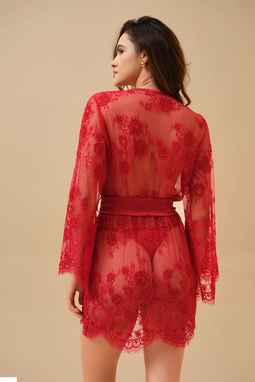 Mysthelle Red Rosa Hand Embroidered Lace Robe