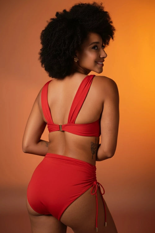 Cherry Ruched Bikini with High-Waist Bottoms