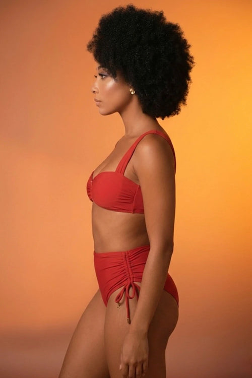 Cherry Ruched Bikini with High-Waist Bottoms