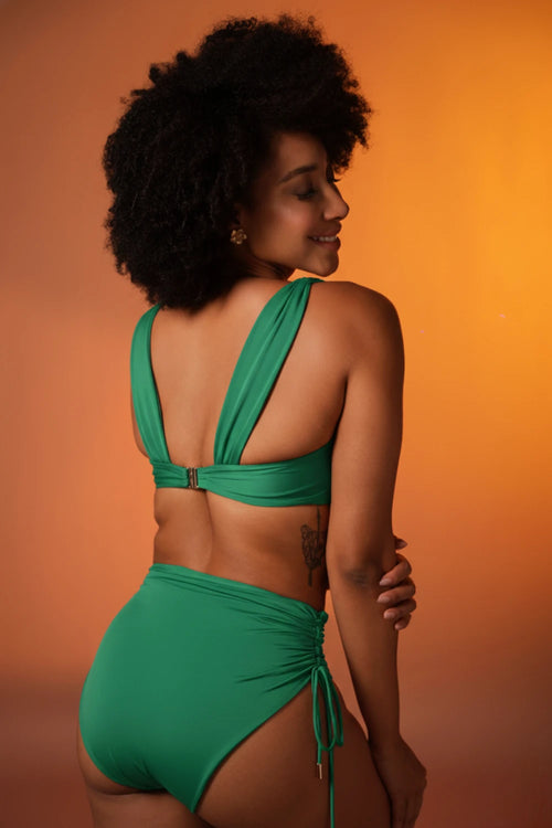 Green Ruched Bikini with High-Waist Bottoms