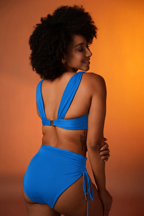 Ocean Blue Ruched Bikini with High-Waist Bottoms