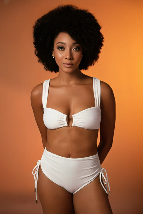 White Ruched Bikini with High-Waist Bottoms