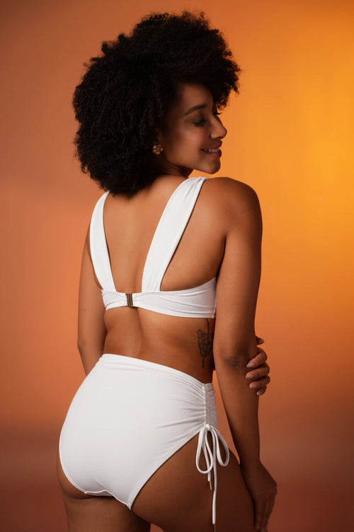 White Ruched Bikini with High-Waist Bottoms