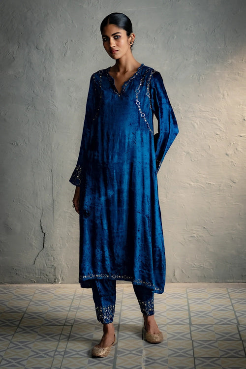 Phiran Style Velvet Blue Kurta Set