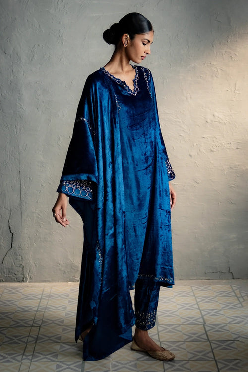 Phiran Style Velvet Blue Kurta Set