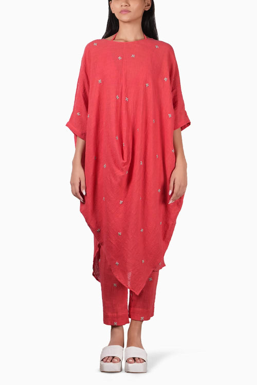 Embroidered Coral Cowl Tunic Set