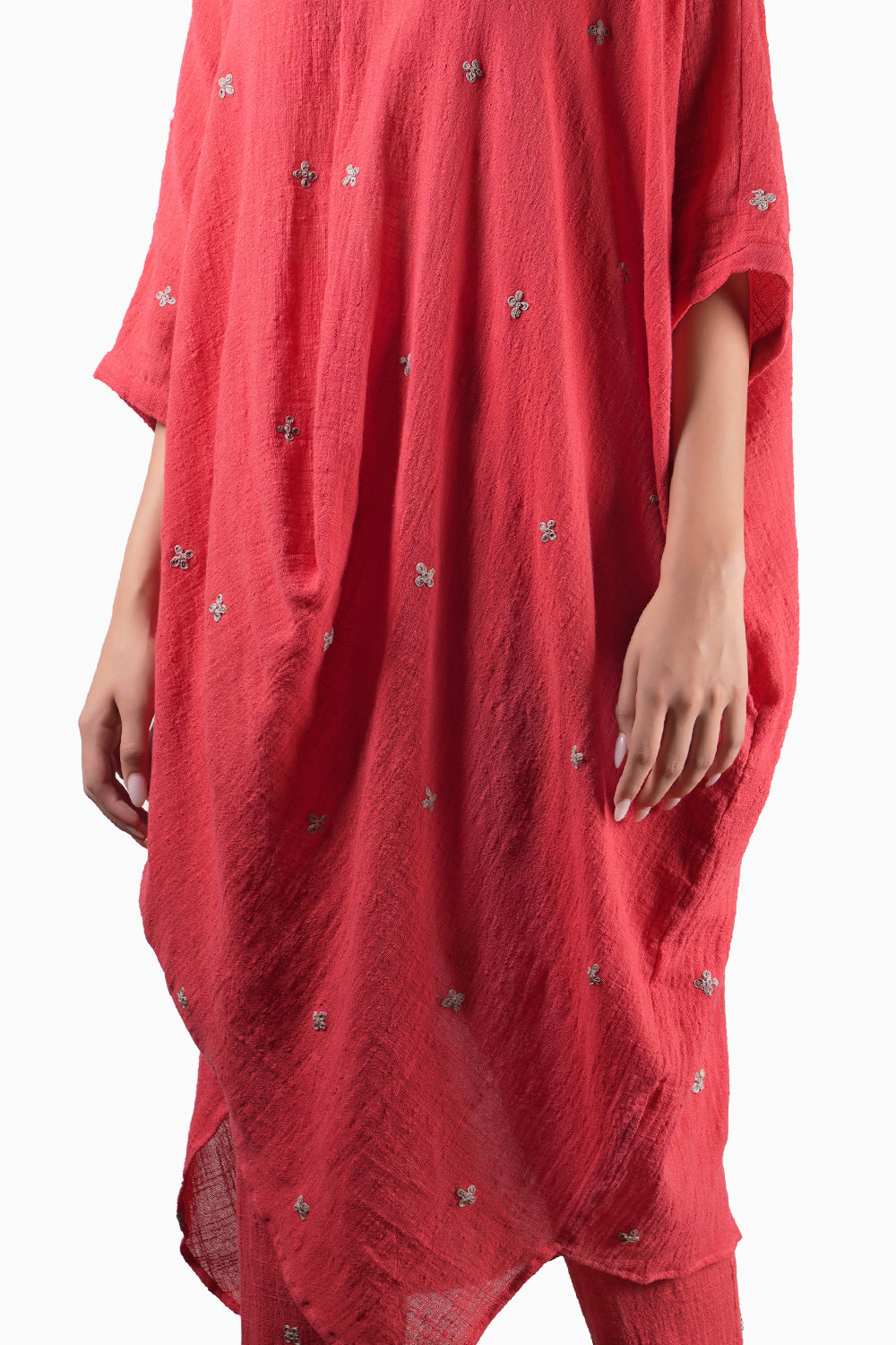 Embroidered Coral Cowl Tunic Set