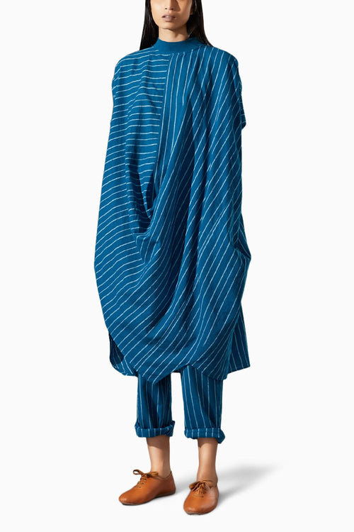 Ribbed Collar Blue Cowl Dress