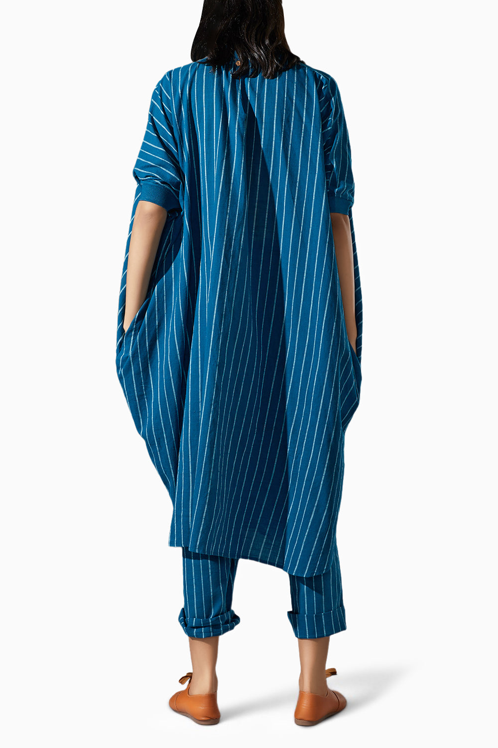 Ribbed Collar Blue Cowl Tunic Co-ord Set