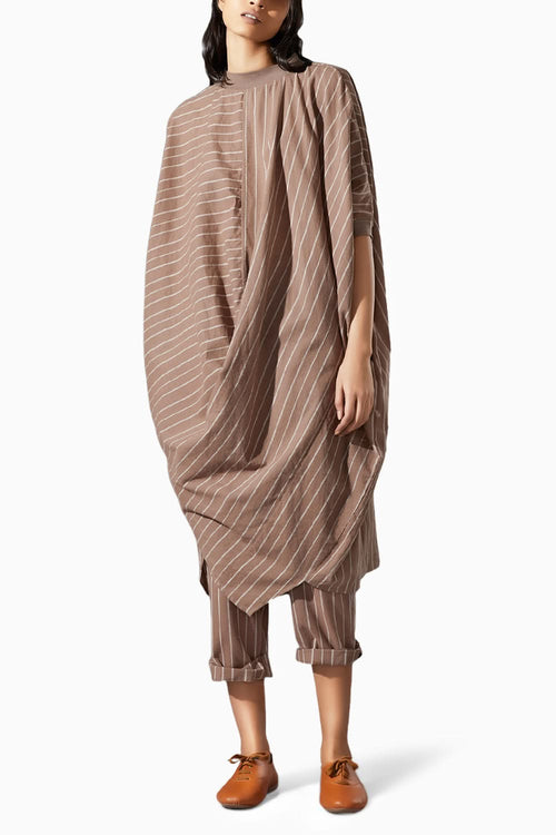 Ribbed Collar Beige Cowl Dress