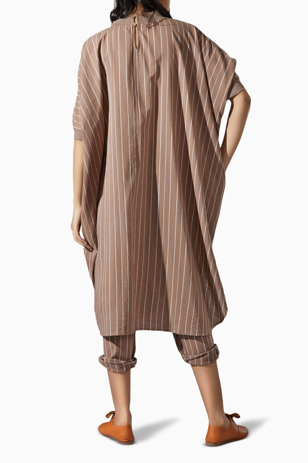 Ribbed Collar Beige Cowl Dress