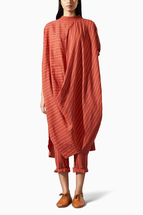Ribbed Collar Rust Cowl Dress