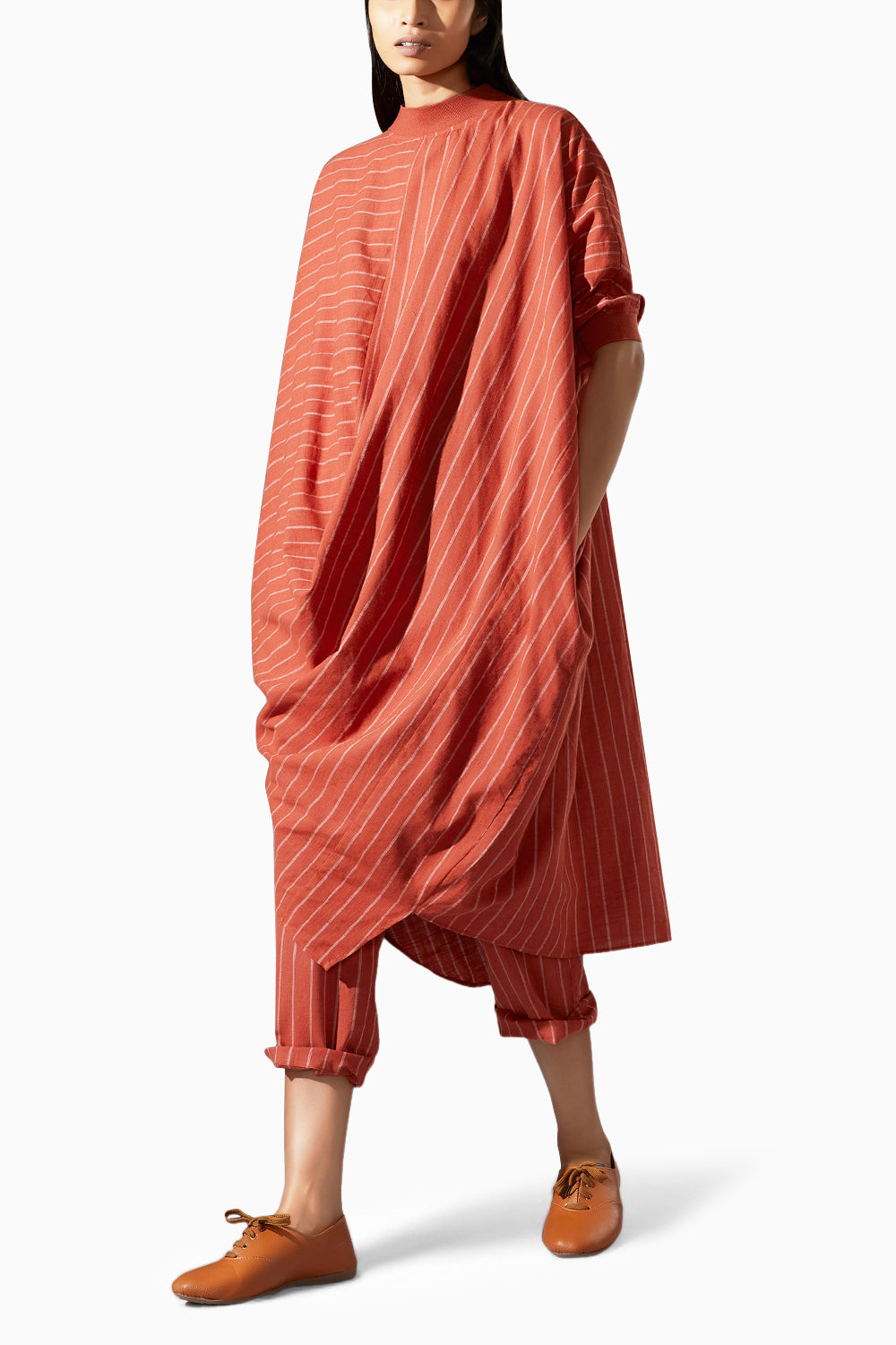 Ribbed Collar Rust Cowl Dress