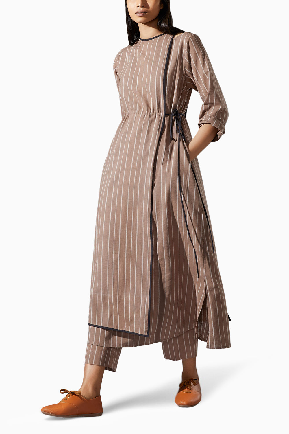 Overlap Beige Striped Tunic Co-ord Set