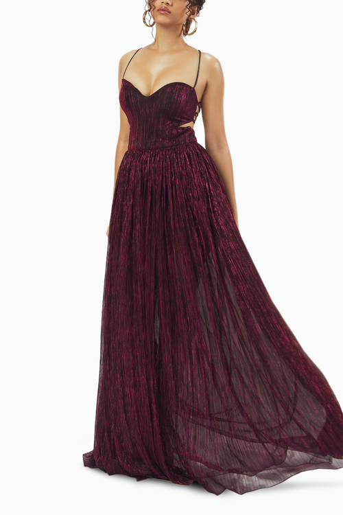 Metallic Ruby Lace-Up Gown