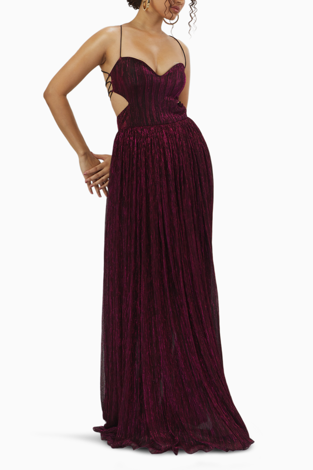 Metallic Ruby Lace-Up Gown