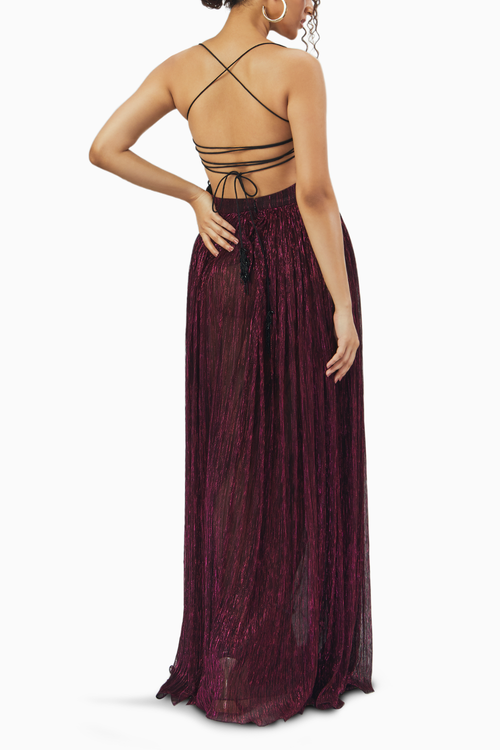 Metallic Ruby Lace-Up Gown