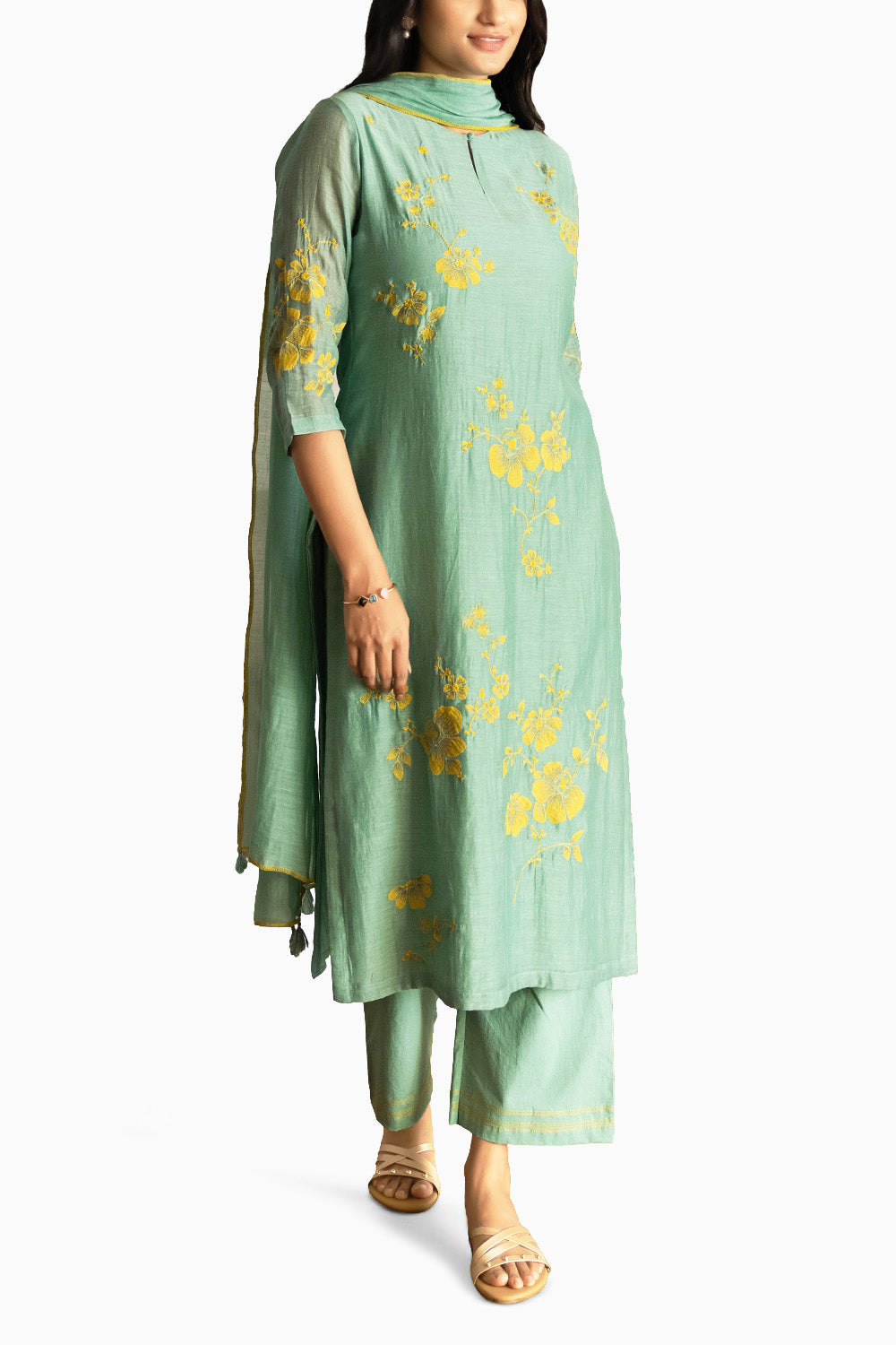 Mint Floral Applique Kurta Set