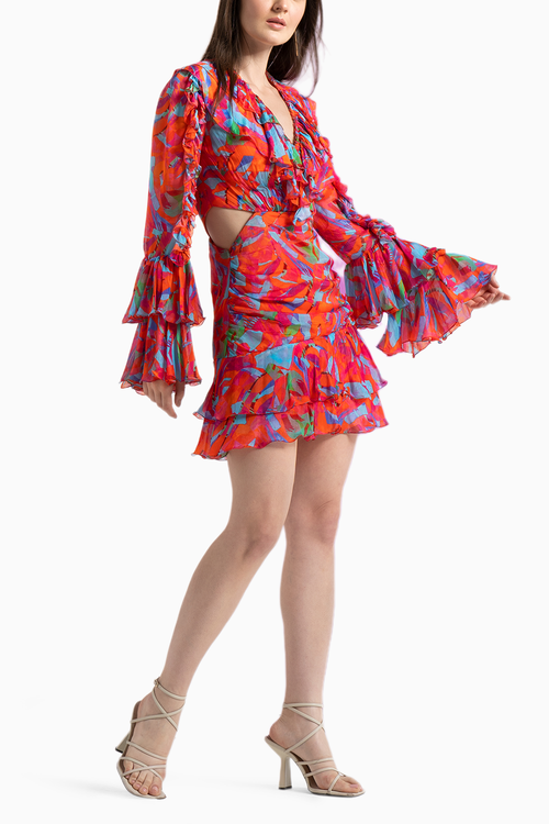 Multi Printed Mesh Short Ruffle Dress