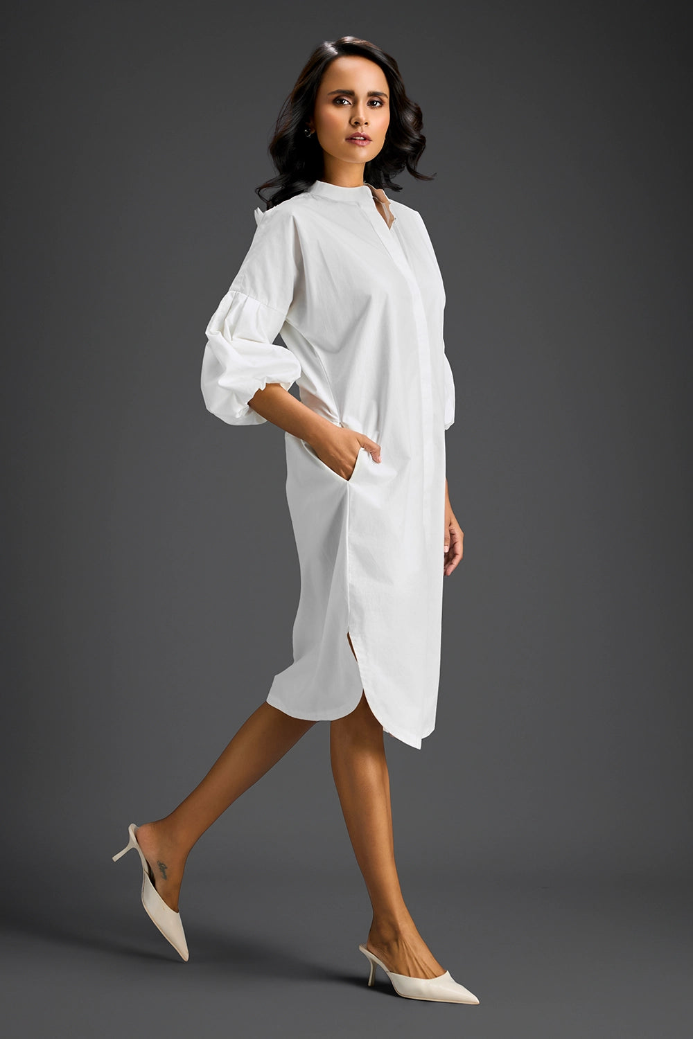 White Puff Sleeve Shirt Dress