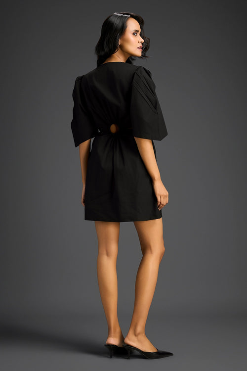 Black Puff Sleeve V-Neck Dress