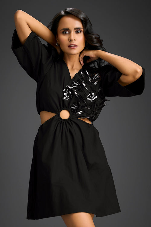 Black Puff Sleeve V-Neck Dress