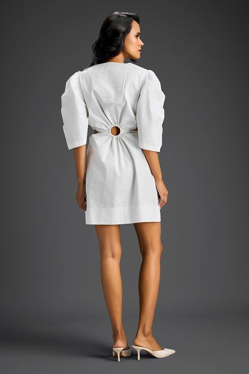 White Puff Sleeve V-Neck Dress
