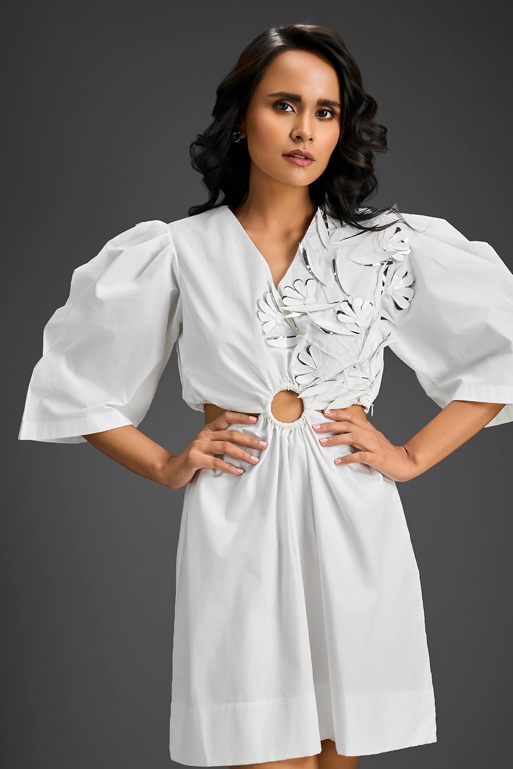 White Puff Sleeve V-Neck Dress