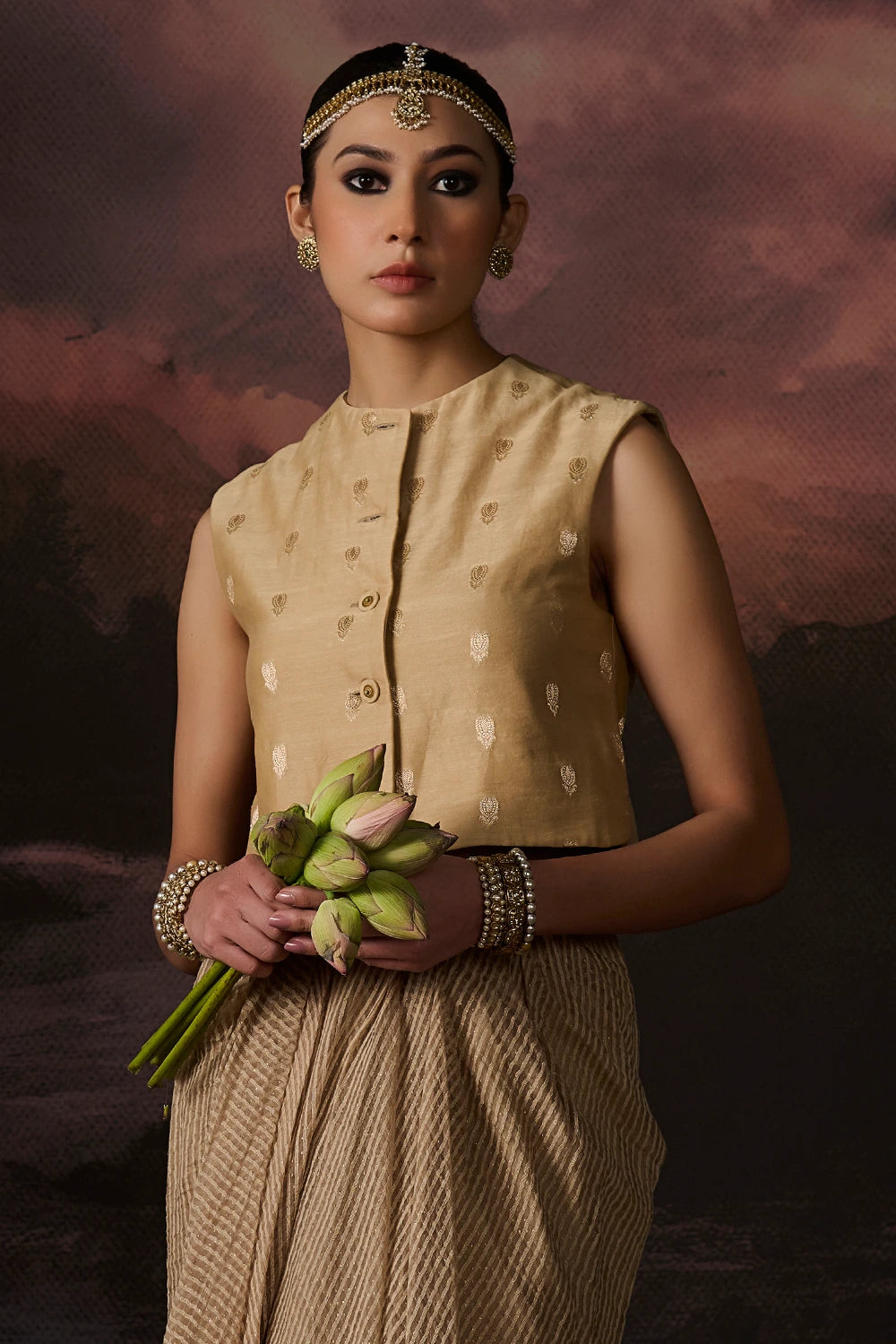 Mailk Gold Top With Skirt Set