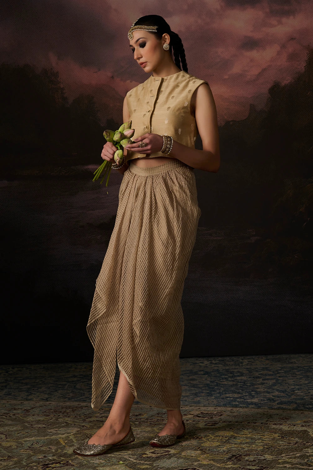 Mailk Gold Top With Skirt Set