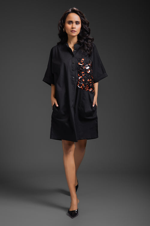 Black Kaftan Metallic Pocket Dress