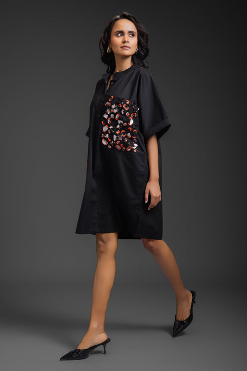 Black Kaftan Metallic Pocket Dress