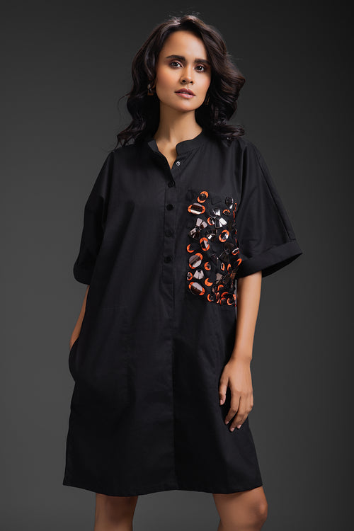 Black Kaftan Metallic Pocket Dress