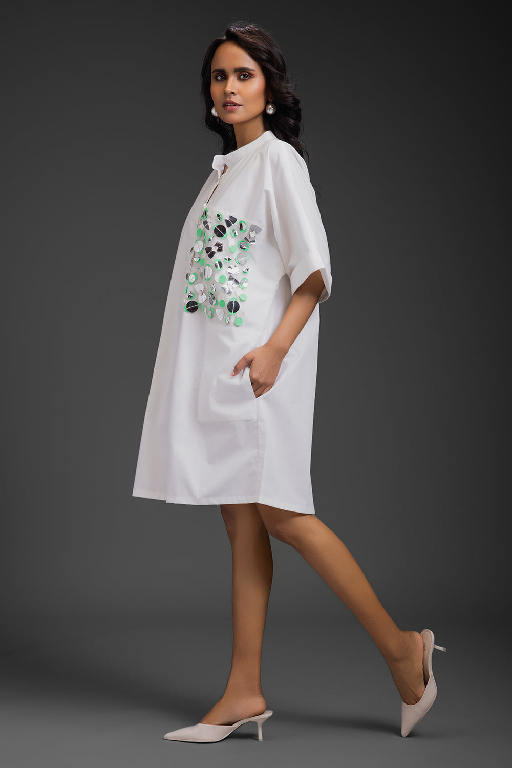 White Kaftan Metallic Pocket Dress