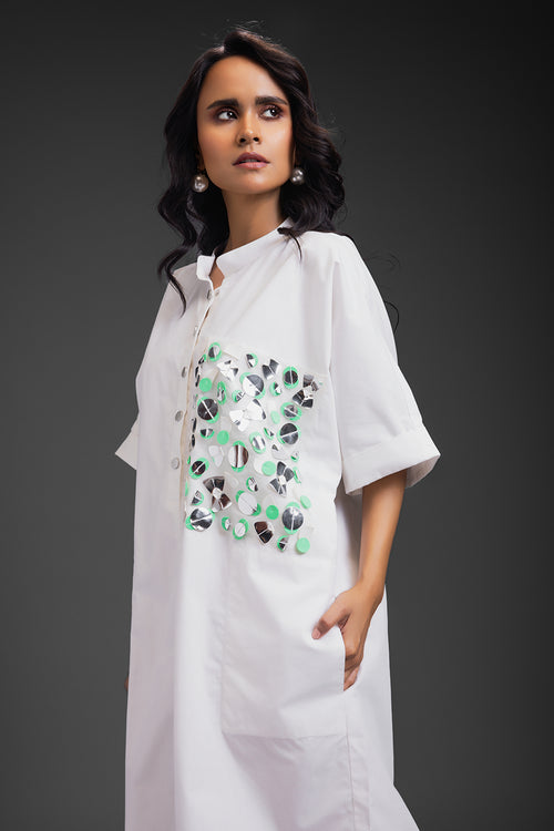 White Kaftan Metallic Pocket Dress