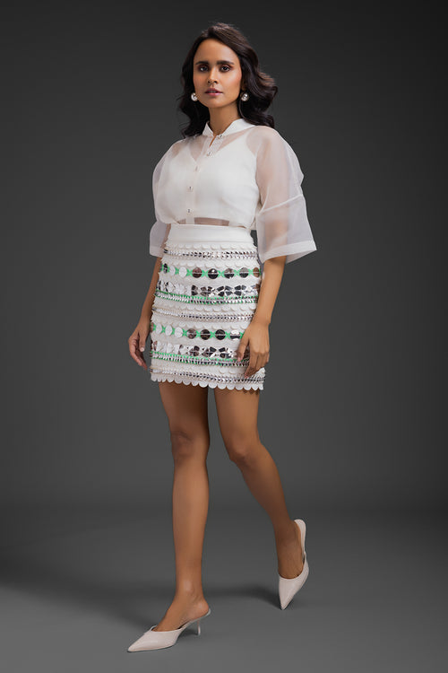 White Organza Shirt With Neon Metallic Skirt