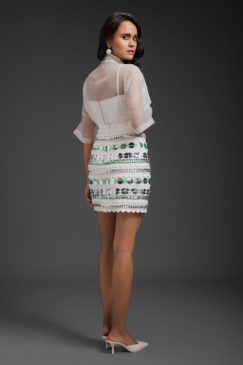 White Organza Shirt With Neon Metallic Skirt