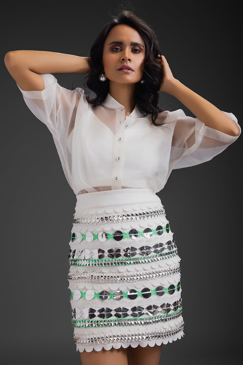 White Organza Shirt With Neon Metallic Skirt