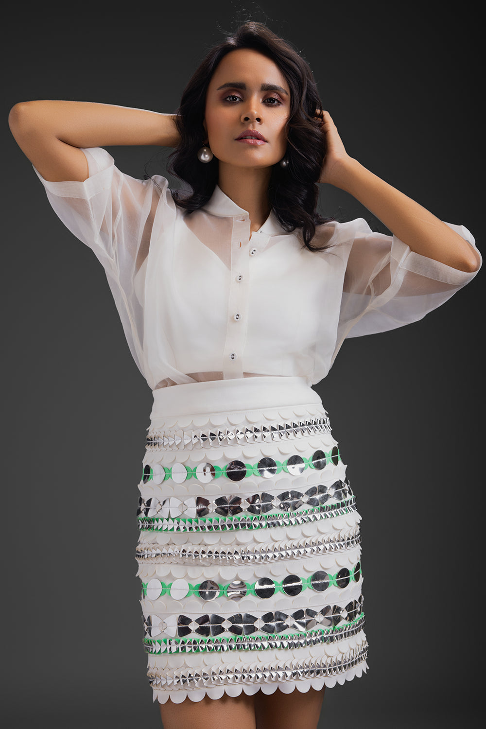 White Organza Shirt With Neon Metallic Skirt