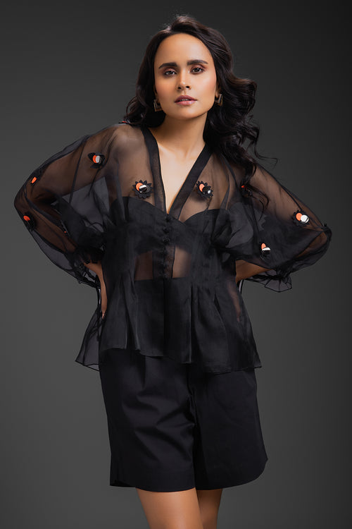 Black Sheer Organza Neon Top