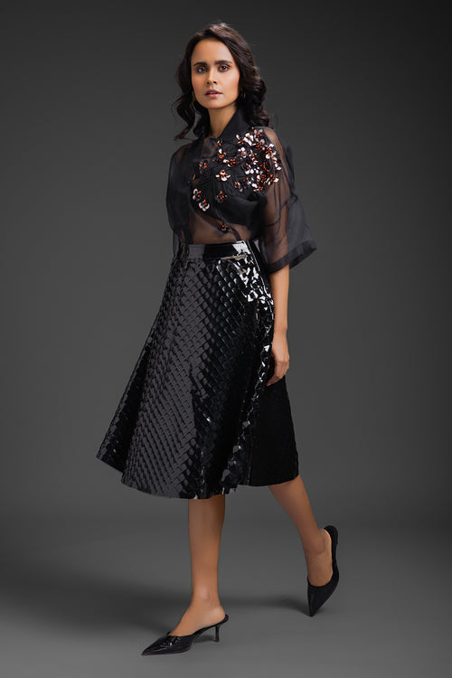 Black Sheer Top With Sculptural Leather 3D Skirt