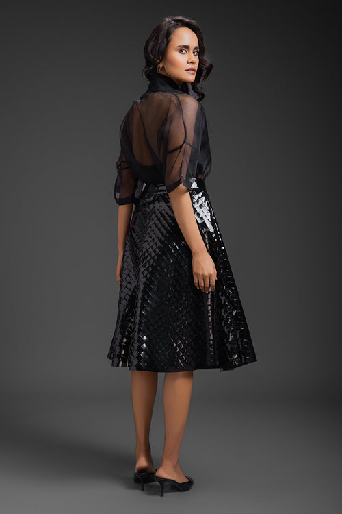 Black Sheer Top With Sculptural Leather 3D Skirt